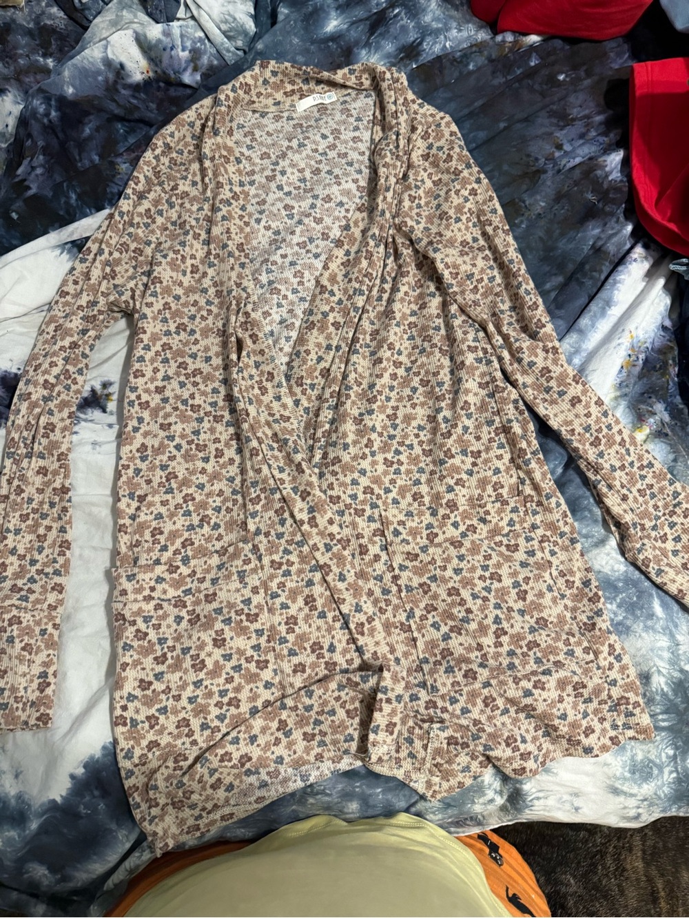 Floral Open-Front Cardigan Sweater in Beige